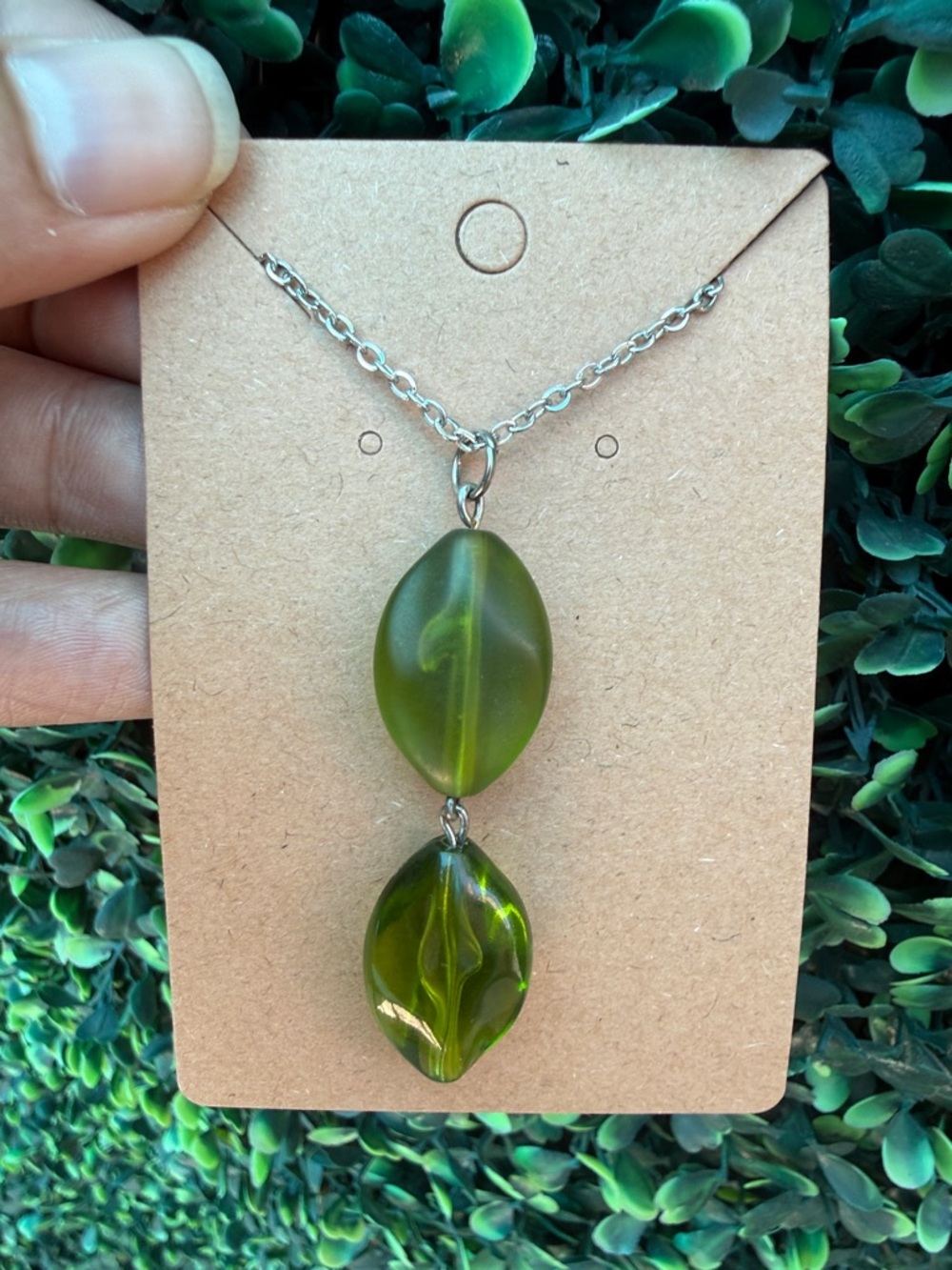 Repurposed Green Beaded Drop Pendant Necklace - Stainless Steel Chain